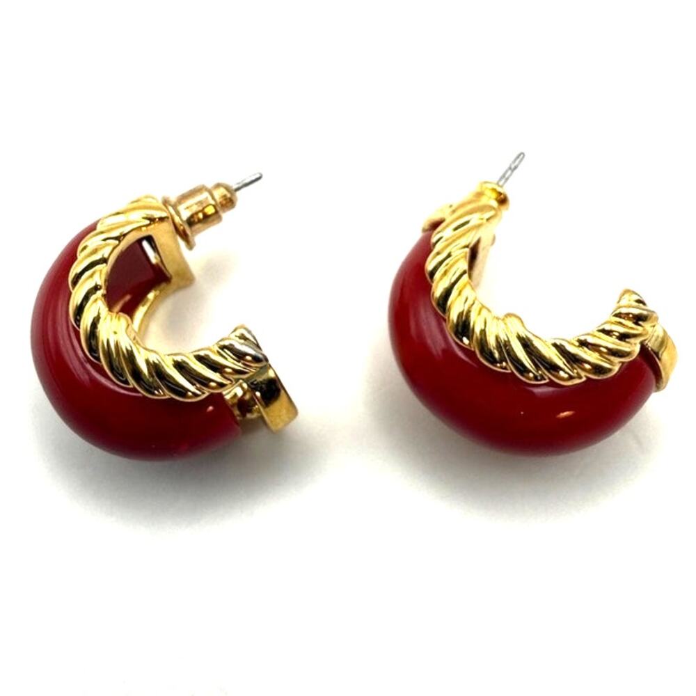 Vtg Kenneth Jay Lane (Kjl) Red Half Hoop Earrings… - image 2